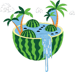 Floating Watermelon Island Icons  Surreal Fruit World Line Art Collection