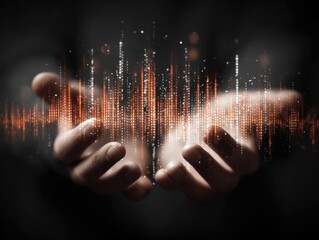Hands Holding Digital Data Stream with Glowing Vertical Lines Over Dark Background Representing Technology Data Transmission and Digital Information Concept