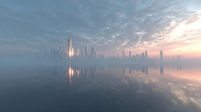 Futuristic city skyline reflecting on calm water du sunrise with tall skyscrapers and modern architecture in distant foggy atmosphere - Powered by Adobe