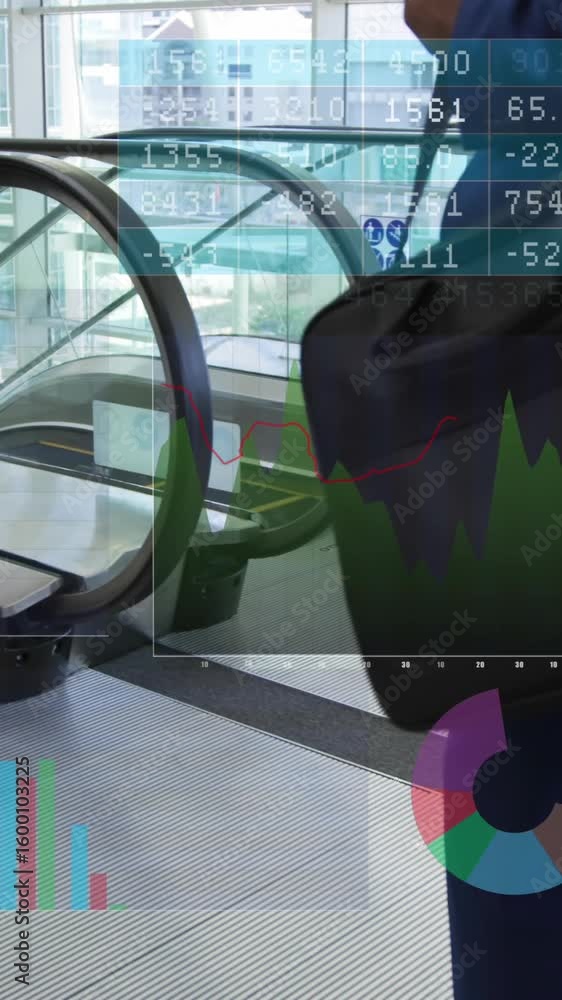 Poster animation of statistics and data processing over diverse business people in office