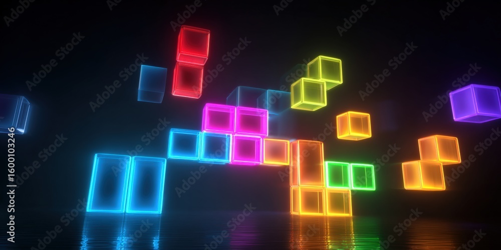 Poster vibrant neon glowing blocks floating in dark space with colorful light effects and modern digital ab