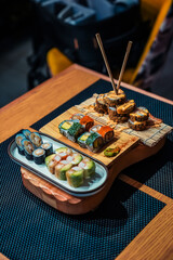 Assorted Gourmet Sushi Platters with Chopsticks – Japanese Cuisine Presentation
