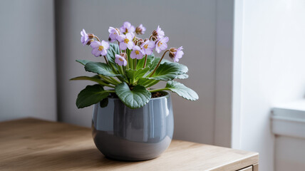 African Violet Plant with Light Purple Flowers in Gray Pot