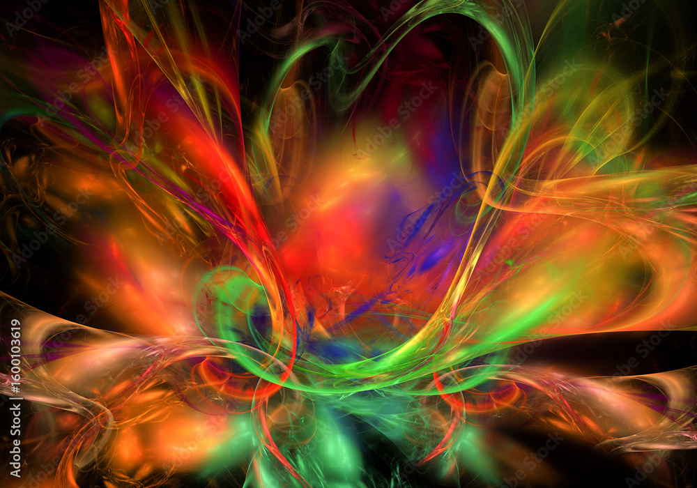 Poster abstract colorful glowing background with moving abstract flames. bright lights fly on a black backg