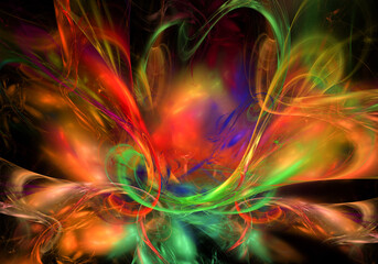 Abstract colorful glowing background with moving abstract flames. Bright lights fly on a black background. 3D rendering. 3D illustration.