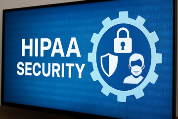 Digital visualization of HIPAA Security protocol enforcement with glowing circular interface, lock and medical icons, symbolizing cybersecurity in healthcare and data protection compliance
