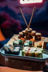 Assorted Gourmet Sushi Platters with Chopsticks – Japanese Cuisine Presentation
