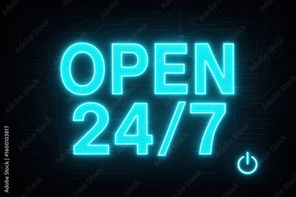 Poster glowing blue neon sign displaying 