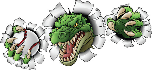 A crocodile, dinosaur or alligator lizard sports mascot holding a baseball ball © Christos Georghiou