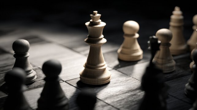 Close-up view of a wooden chessboard with a sequence of classic Staunton chess pieces in a strategic game setting in monochrome lighting
