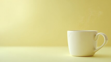 Obraz premium Close-up of a white ceramic coffee mug with steam rising on a pastel yellow background for breakfast or morning beverage concept