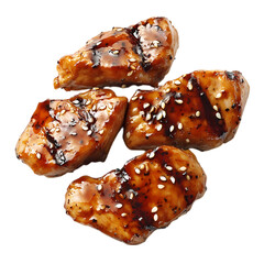 Crispy glazed chicken, garnished with spring onions and sesame on a white plate isolated on transparent background