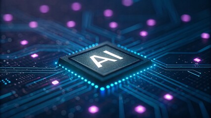 Artificial intelligence chip glowing blue computer