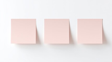 Fototapeta premium Three blank pink sticky notes on a light gray background with shadows and subtle reflection for organizational planning and note-taking