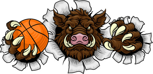 A wild boar, hog razorback warthog pig mean tough cartoon sports mascot holding a basketball ball