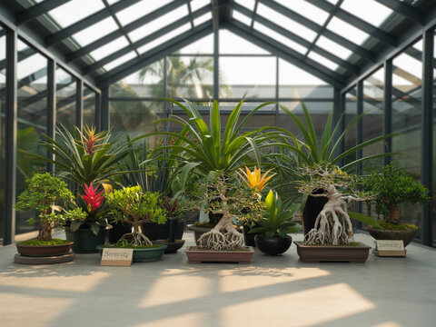 Assorted bonsai trees and tropical plants in greenhouse