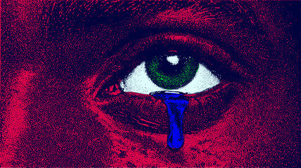 Closeup eye with green iris and blue tear in vivid color. Stipple texture pop art vector illustration with detailed, modern graphic style.