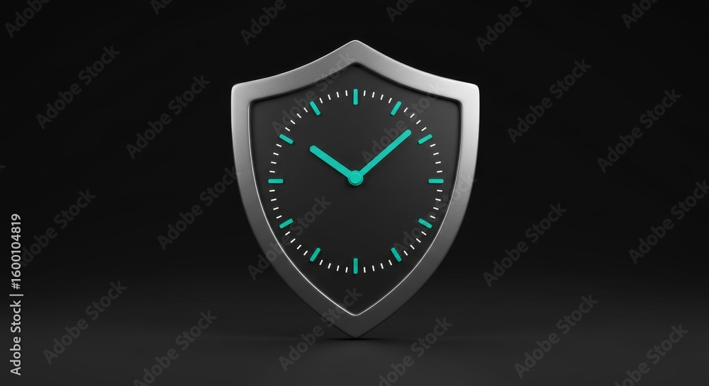 Poster time security shield - a metallic shield with a clock face, symbolizing timely protection and securi