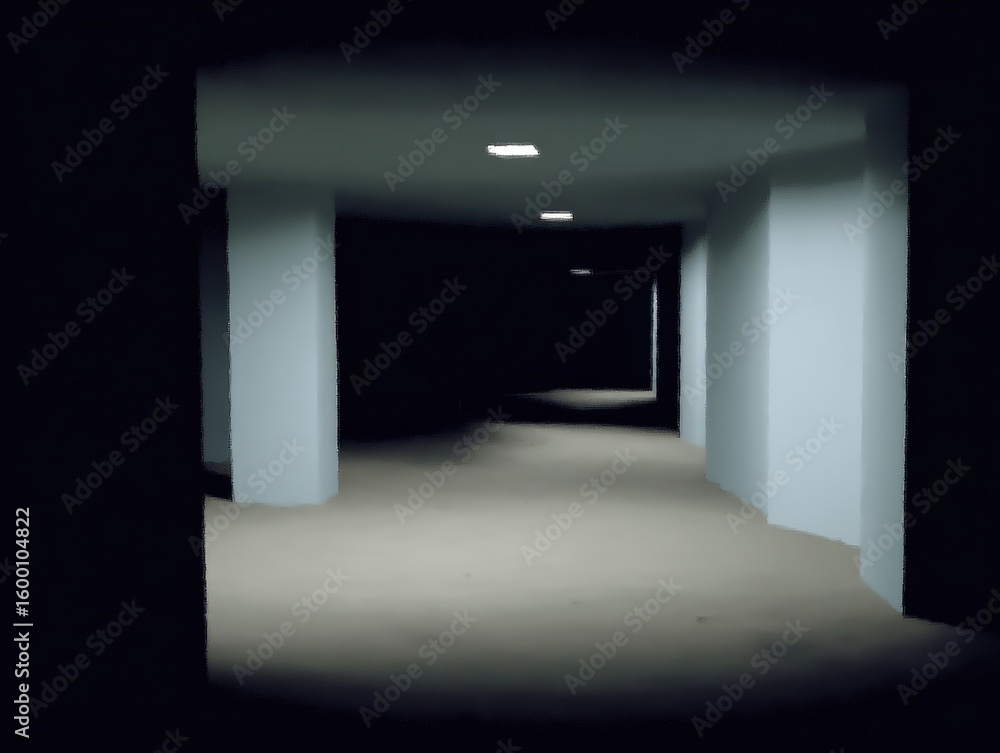 Poster a dark, empty hallway with dim lighting, creating an unsettling and mysterious atmosphere. the compo