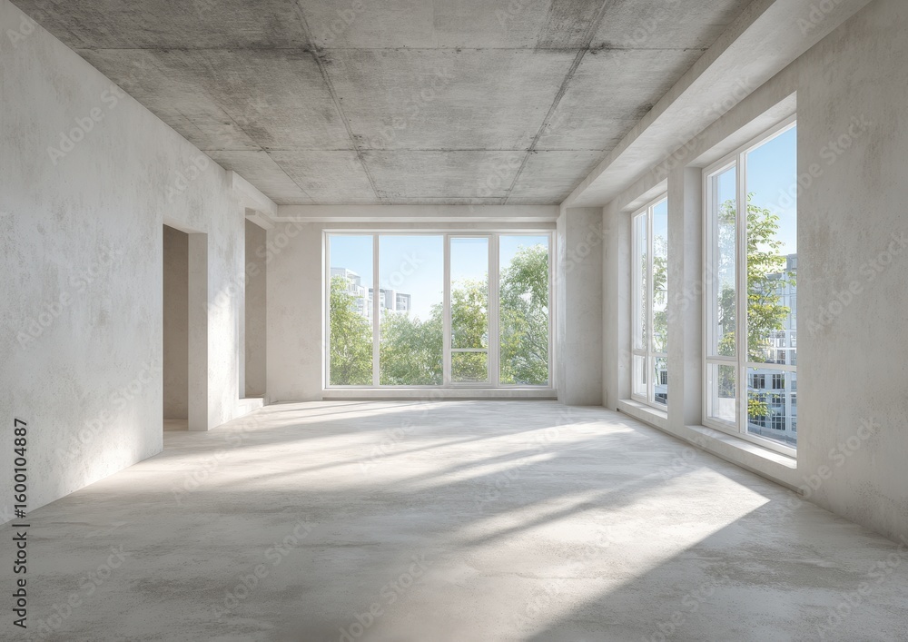 Poster an empty room with large windows, showcasing a minimalist design and ample natural light. the room h