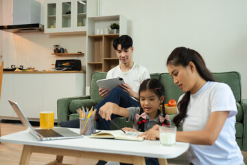 Family Asian spending happy time together on vacation.
