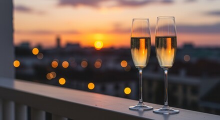 Obraz premium Champagne Glasses with Bokeh Blurred Background Romantic Sunset View