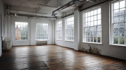 Fototapeta premium Spacious, Empty Room with large windows, letting natural light and an appealing view flood in. The rustic interior and the old design.