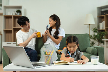 Family Asian spending happy time together on vacation.