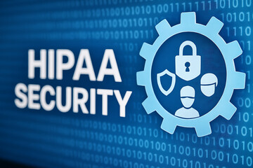 Digital visualization of HIPAA Security protocol enforcement with glowing circular interface, lock and medical icons, symbolizing cybersecurity in healthcare and data protection compliance

