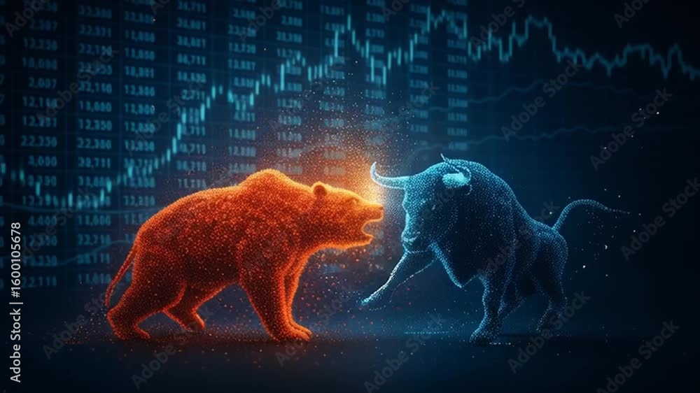 Aufkleber stock market financial investment concept showing glowing bull and bear figures with digital data ba