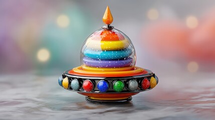 Colorful Spinning Top Toy Resembling a UFO on Mottled Gray Surface