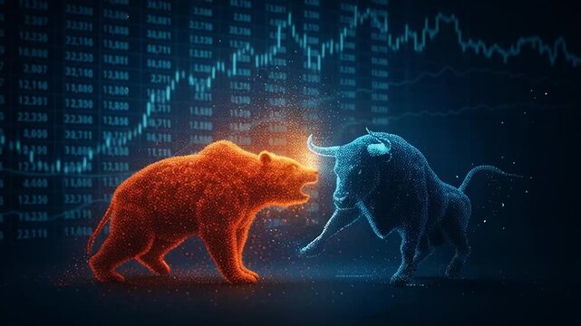 Stock market financial investment concept showing glowing bull and bear figures with digital data background representing market trends and trading dynamics dynamic digital environment with