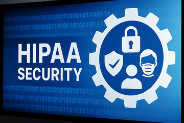 Digital visualization of HIPAA Security protocol enforcement with glowing circular interface, lock and medical icons, symbolizing cybersecurity in healthcare and data protection compliance
