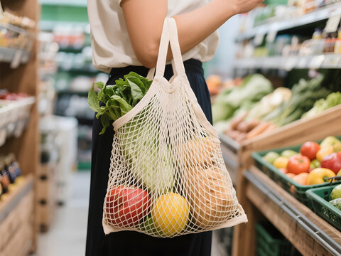 Person holding white mesh grocery bag filled with vegetables in a grocery store aisle, surrounded by fresh produce and warm lighting