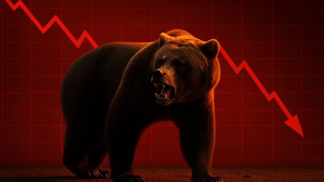 Bear stock market financial investment concept with aggressive animal and downward red arrow graph symbolizing market decline and economic risk fierce bear symbolizes bearish trend and financial loss