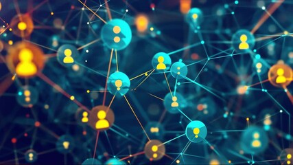 Appearing sphere flattening and rotating over map, dispersing icons and linking for digital network. , technology, connectivity, globalization, abstract, digital, communication - Powered by Adobe