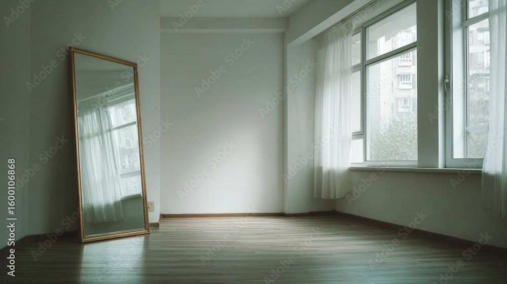 Poster a minimalist room with a mirror and a window, reflecting a sense of calm and serenity. the light str