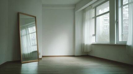 Obraz premium A minimalist room with a mirror and a window, reflecting a sense of calm and serenity. The light streaming through the window creates a tranquil atmosphere.