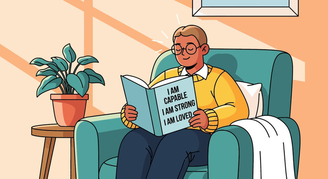 Person reading self-affirmation book seated in armchair, promoting positivity and self-belief
