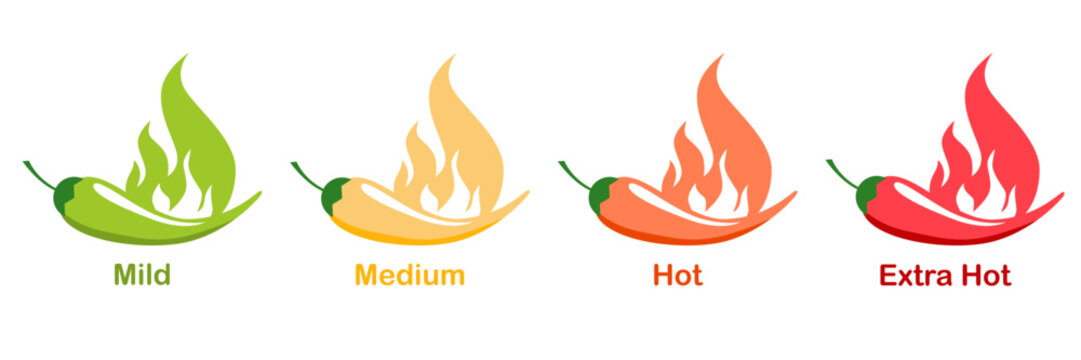 Spicy level scale with red chili peppers vector set for menu design and hot sauce labels includes mild medium hot and extra spicy heat symbols with pepper icons and flat illustrations