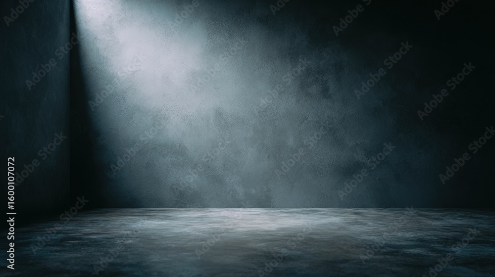 Poster an empty room with a spotlight shining down, creating a dramatic effect on the textured wall and flo