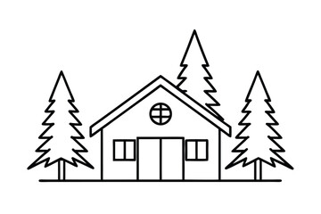 Clean Line Art Of A Small Cabin In The Woods With Chimney