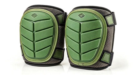 Pair of green knee pads on reflective surface offering protection during various activities
