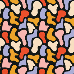 Colorful abstract pattern with bold red, yellow, blue, and pink organic shapes on black