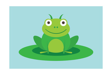 Cheerful Cartoon Frog On A Lily Pad Bright Green