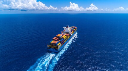 Cargo ship sails on blue ocean water under a partly cloudy sky.