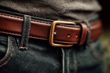 Belt Brown Leather with Gold Buckle on Dark Denim Jeans
