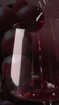 Composite of red wine being poured into glass over grapes on red background