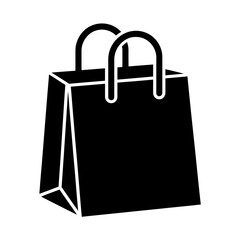 A minimalist black silhouette of a paper shopping bag with two handles, presented on a white background.