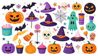 A spooky Halloween vector set featuring cartoon monsters, pumpkins, and witch hats, perfect for October holiday party designs